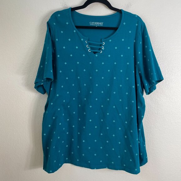 Catherines Womens Plus 2X 22/24W Suprema Collection Teal Lace Up Neck Tunic Top - Picture 6 of 8